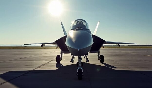  a sleek, modern fighter jet aircraft positioned on an expansive airport runway, created with generative ai