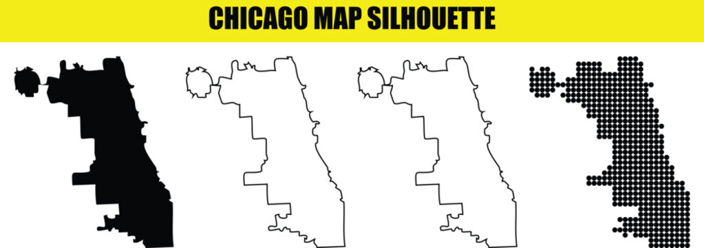 Chicago map silhouette collection with black solid white background contour stroke and dotted pattern vector city icons