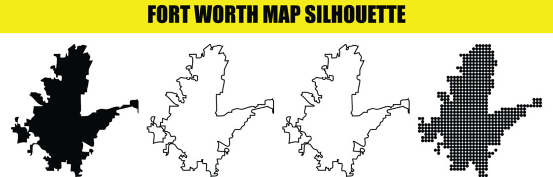 Fort worth map silhouette bundle with black fill white outline and digital dotted pattern for texas urban city graphic