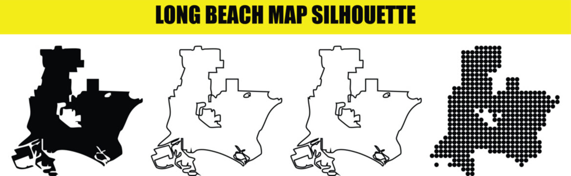 Long beach california usa map silhouette collection featuring solid outline and dot variations.