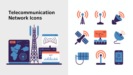 a collection of telecommunication network icons including cell towers satellite dishes smartphones and signal strength indicators is displayed in a blue color scheme high quality professional