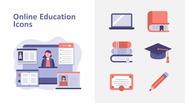 a flat design illustration showcases various icons related to online learning including laptops books graduation caps and digital certificates high quality professional detailed modern elegant stylish