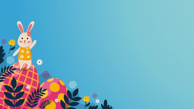 cute rabbit standing on large pile of colorful easter eggs under sky