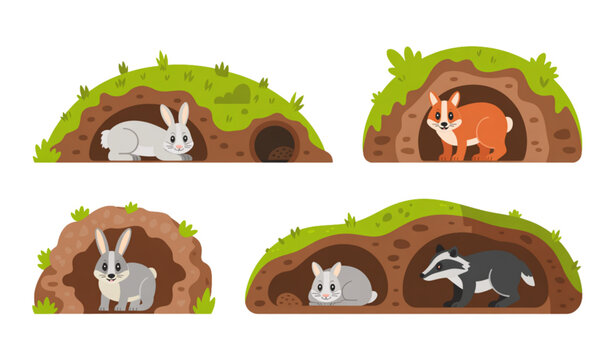 Woodland Animal Burrows Vector Set with Underground Forest Homes on White Background
