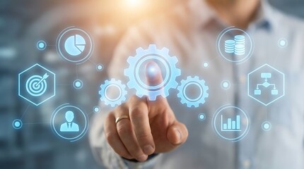 Businessman engaging with a futuristic digital interface, representing business strategy and innovation. Ideal for technology, entrepreneurship, and growth in a professional setting.