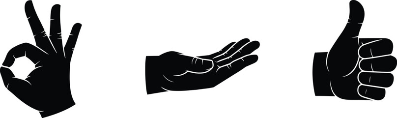 Human hand gesture vector icon set, thumbs up silhouette, okay sign symbol, palm reaching elements, communication