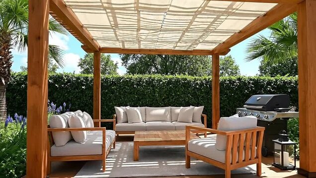 Outdoor patio furniture set with pergola and grill on a sunny day with palm trees and flowers
