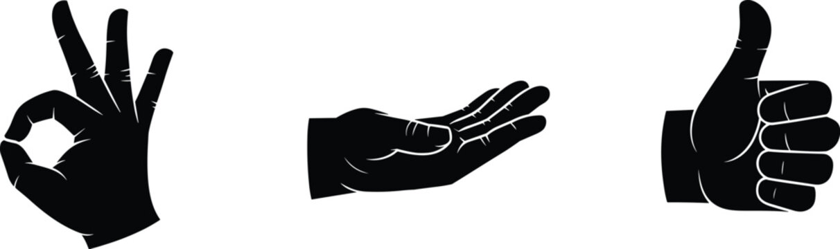 Human hand gesture vector icon set, thumbs up silhouette, okay sign symbol, palm reaching elements, communication