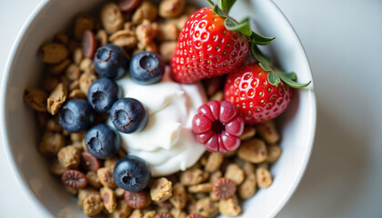 Fototapeta premium Healthy breakfast bowl with yogurt, granola, and berries and copy space 