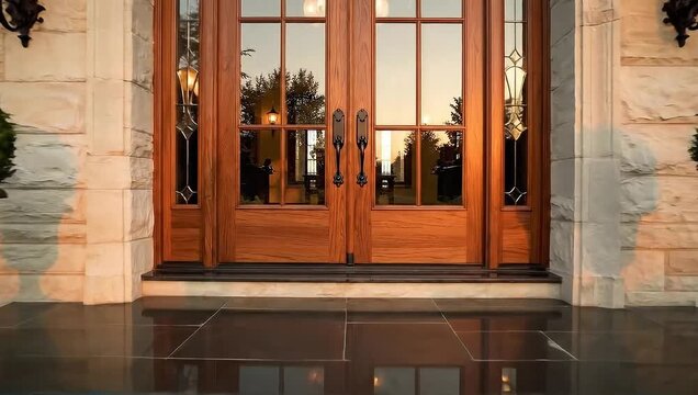 Elegant wooden double doors of a luxurious stone house entrance, flanked by decorative lanterns, topiaries, and a flagstone pathway