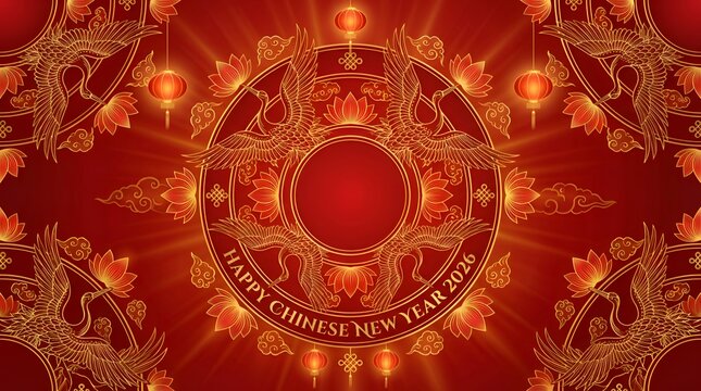 Vibrant Chinese New Year celebration depicted in intricate golden illustrations on a deep red background with lanterns and floral motifs