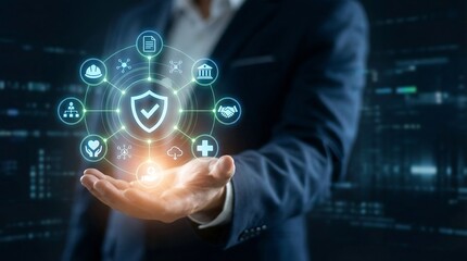 Businessman presenting secure technology icons with shield protection