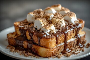 plate of s'mores french toast with chocolate sauce, marshmallows and graham cracker crumbs