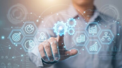 Fototapeta premium Businessman interacting with futuristic interface showing data analysis and business insights for strategic decision making