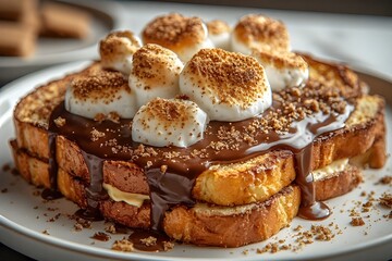 plate of s'mores french toast with chocolate sauce, marshmallows and graham cracker crumbs