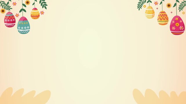 corners decorated with hanging easter eggs and flowers on cream paper background