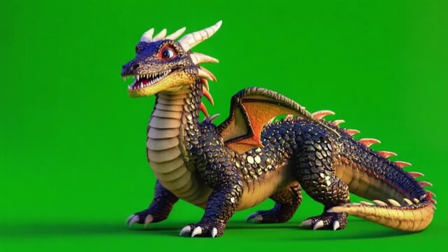 Fierce dragon creature standing on green background with sharp teeth and claws