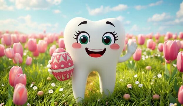 anthropomorphic cartoon tooth character standing in a vibrant, springtime meadow filled with pink tulips and small white flowers, easter template, created with generative ai