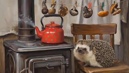the hedgehog is sitting by the stove with a kettle