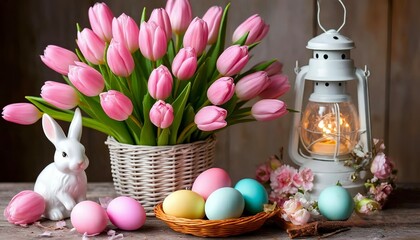 tulips in a vase next to Easter eggs and a white rabbit