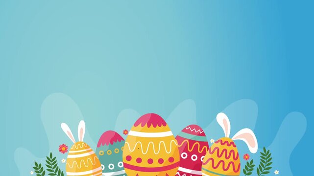 row of cute bunnies behind colorful easter eggs on blue background
