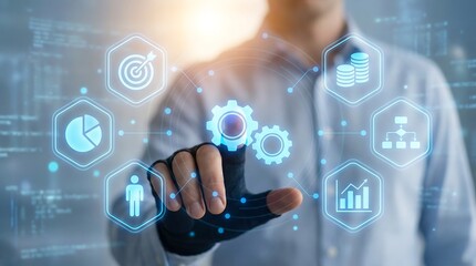 Businessman engaging with advanced technology for strategic planning and growth. Ideal for presentations, reports, and marketing materials focused on innovation, leadership, business development.