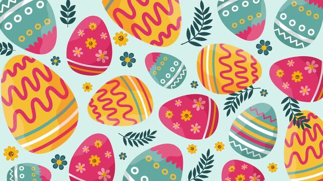 seamless pattern background of many colorful decorated easter eggs and green leaves