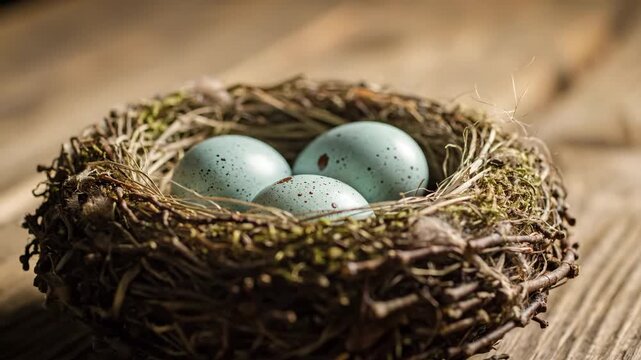 Nest with Blue Speckled Eggs - This video showcases a beautifully crafted nest made of twigs and moss, containing three blue speckled eggs.