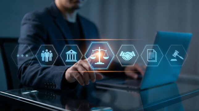 Professional lawyer working on legal case using modern digital interface with legal icons