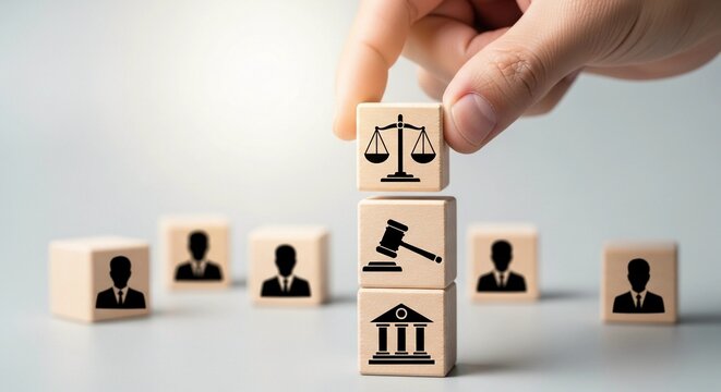A hand places a wooden block with a balance scale icon on a stack of blocks representing justice, law, and legal professionals.