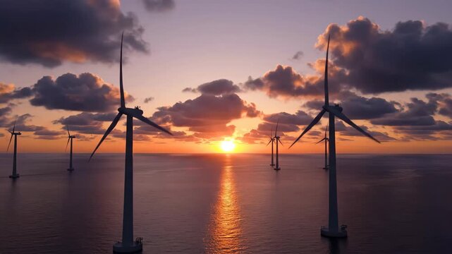 Aerial View of Wind Turbines at Sunset - This stunning aerial video captures a series of wind turbines silhouetted against a vibrant sunset over the ocean.