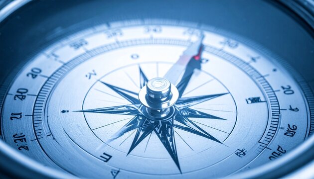 Magnetic compass close-up, metallic finish, navigation symbol