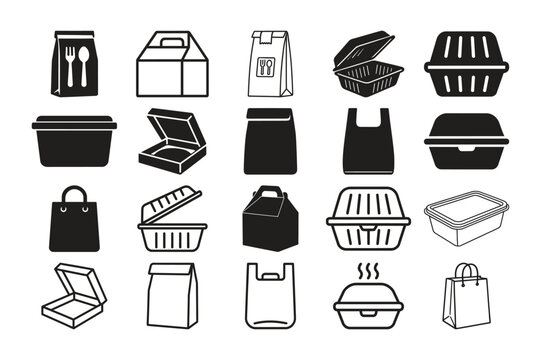 Food packaging icon set box and bag symbol vector