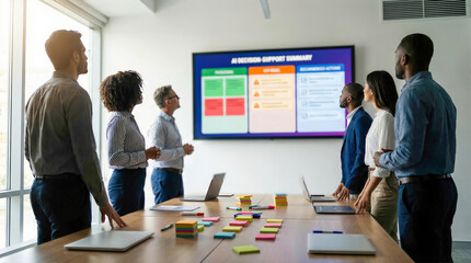 Group of diverse professionals in business attire engaged in a meeting, analyzing data displayed on a screen in a modern office environment with a large table