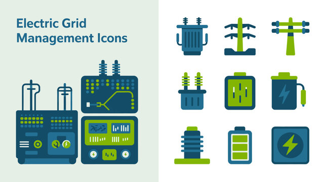 a visual collection of electric grid management icons depicts substations power lines transformers and energy symbols in a blue and green color scheme high quality professional