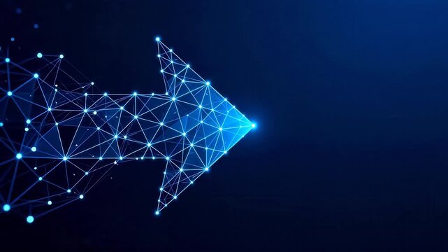 Abstract digital arrow composed of connected nodes and lines, glowing in blue against a dark background
