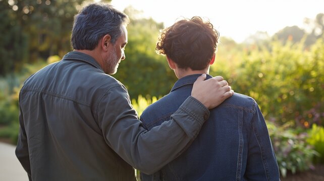 A father gently placing his hand on his teenage son&rsquo;s shoulder during an emotional moment outdoors, support, trust, family connection.
