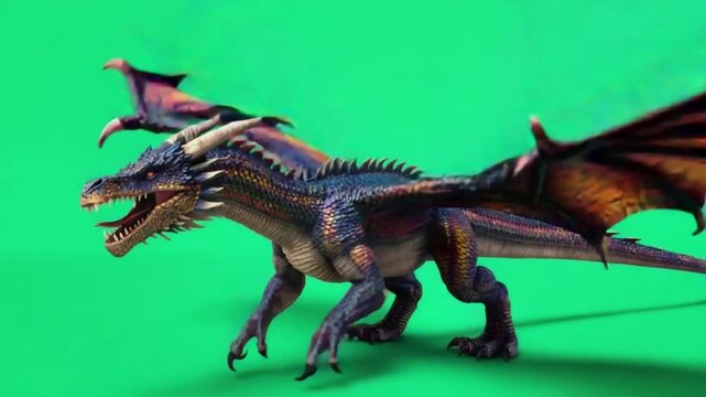 Fierce dragon creature with sharp teeth and claws on green screen