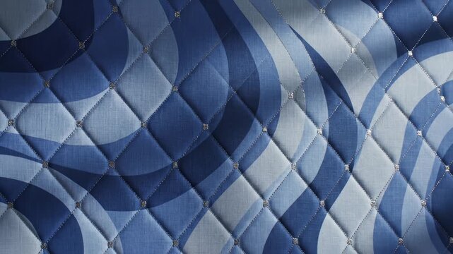 Close Up Shot of Textured Blue Quilted Fabric Material With Curved Wave Pattern, Elegant Design