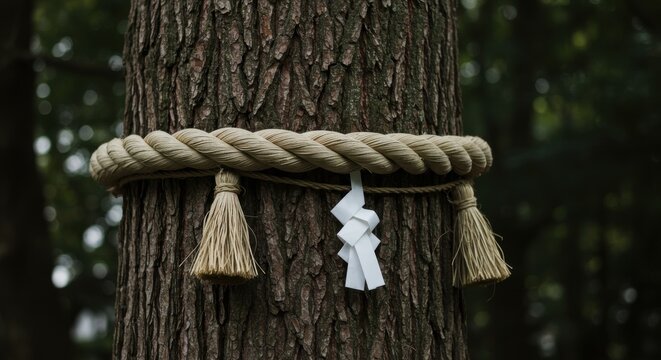 神社の御神木に巻かれた注連縄と紙垂