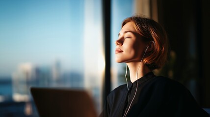 Person taking short pause from work, looking out window, calm reset moment, work-life balance