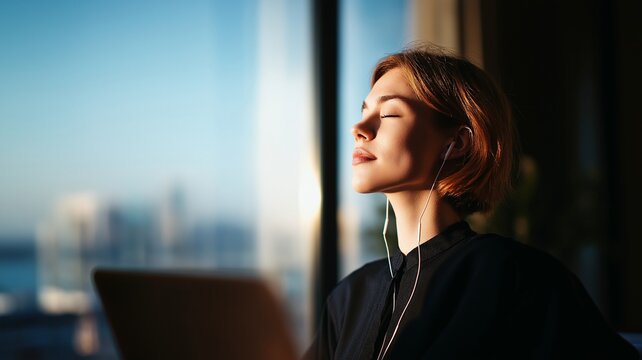 Person taking short pause from work, looking out window, calm reset moment, work-life balance