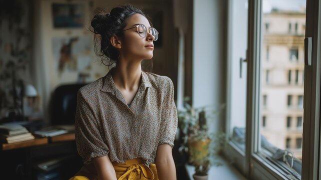 Person taking short pause from work, looking out window, calm reset moment, work-life balance