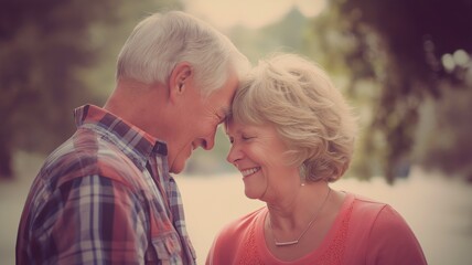 Obraz premium Elderly couple smiling warmly at each other while sitting together, love, companionship, happiness during their retirement years.