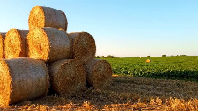 Hay Bales in a Field at Sunset - This video features a stack of round hay bales set against a vibrant sunset sky.