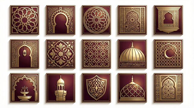 Premium 3D Islamic geometric pattern collection featuring fifteen golden architectural elements domes mihrabs arabesque designs and ornamental shields for luxury celebration backgrounds