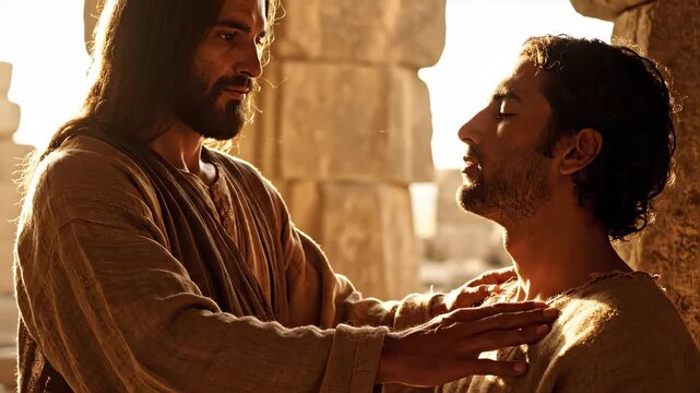 Jesus Christ blessing a man with closed eyes in an ancient setting. Biblical scene of healing and compassion with golden backlighting. Religious concept of faith and mercy