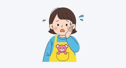 Anxious female nursery teacher or babysitter wearing a yellow apron with a teddy bear, looking stressed and sweating on a white background.