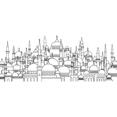 Obraz premium Majestic mosque architecture skyline featuring multiple domes and minarets, representing cultural heritage and spiritual significance, perfect for religious and travel content