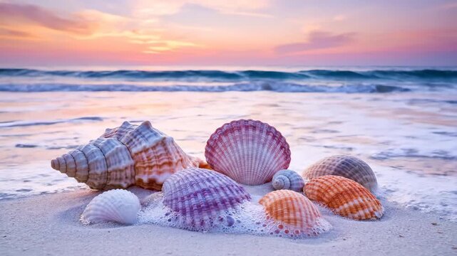 Tranquil Beach Scene with Colorful Seashells - This serene video captures a collection of colorful seashells resting on the sandy beach, surrounded by gentle waves.